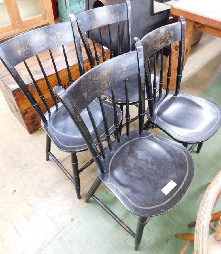 4 Black Stenciled Chairs - 34" Tall: See Photos For Condition and Details