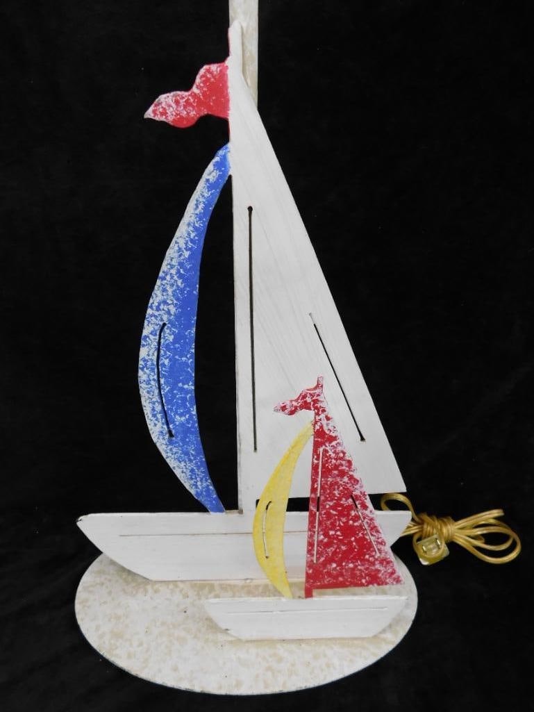 Painted Metal Cut Out Sail Boat Table Lamp - 27" x 11" x 6.5": See Photos For Condition and Details