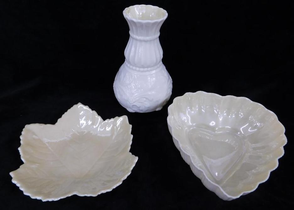 Belleek - Green Mark - Bone Porcelain - 2 Dishes and a 5.25" Vase: See Photos For Condition and Details