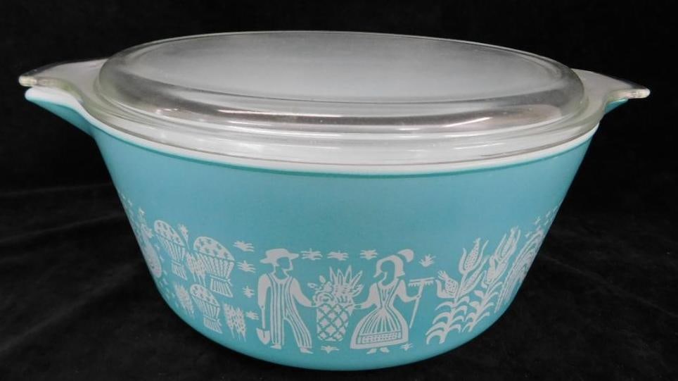 Vintage Pyrex Lidded Casserole - Butterprint Pattern - White on Turquoise - 4.5" x 11" x 8.75": See Photos For Condition and Details