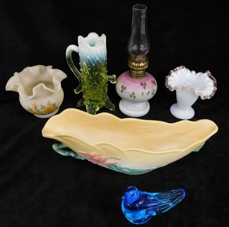 Box lot with Vintage Glass - Hull Pottery - Oil Lamp: See Photos For Condition and Details