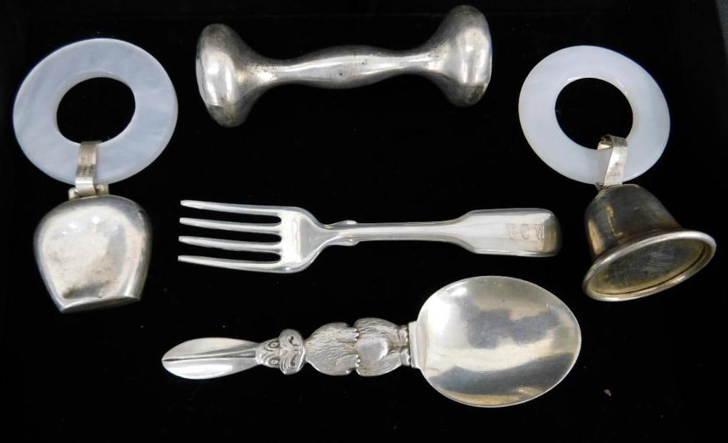 Sterling Silver - Baby Items - 3 Rattles - Bunny Spoon - Childs Fork - 78 Grams TW (1 of 7)
