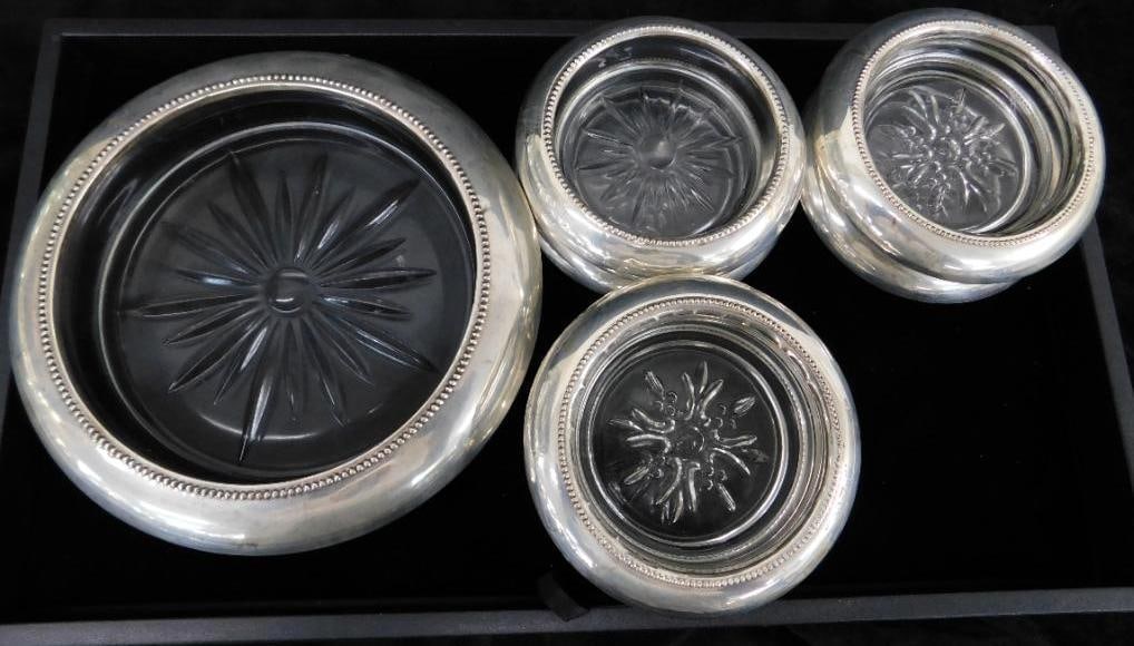 Sterling Silver - 6 Glass Beverage Coasters - 1 Bottle Coaster: See Photos For Condition and Details