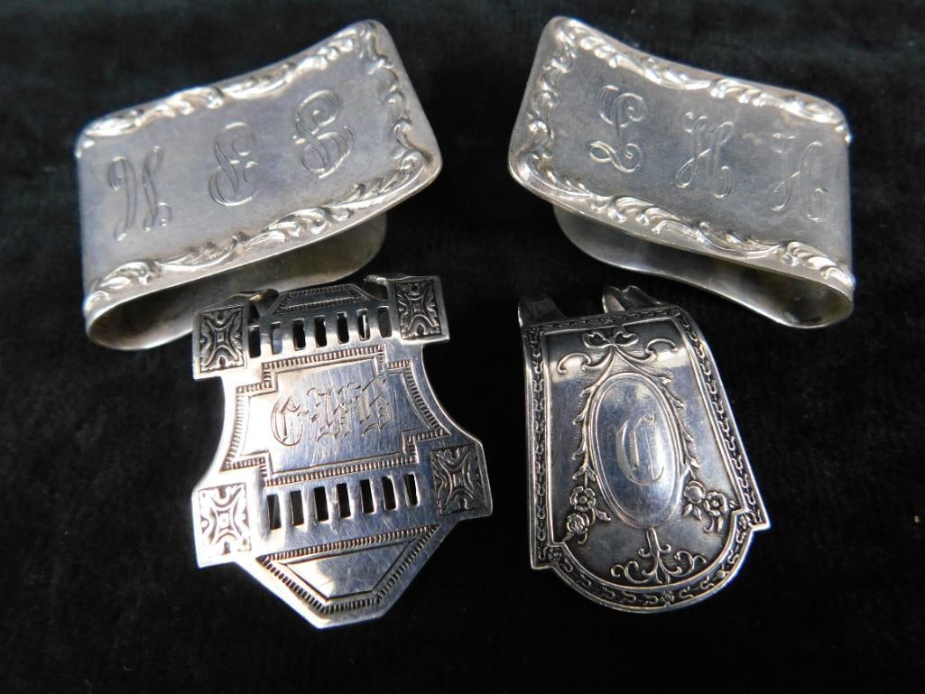 Sterling Silver - 4 Napkin Clips - Monogrammed - 52 Grams: See Photos For Condition and Details