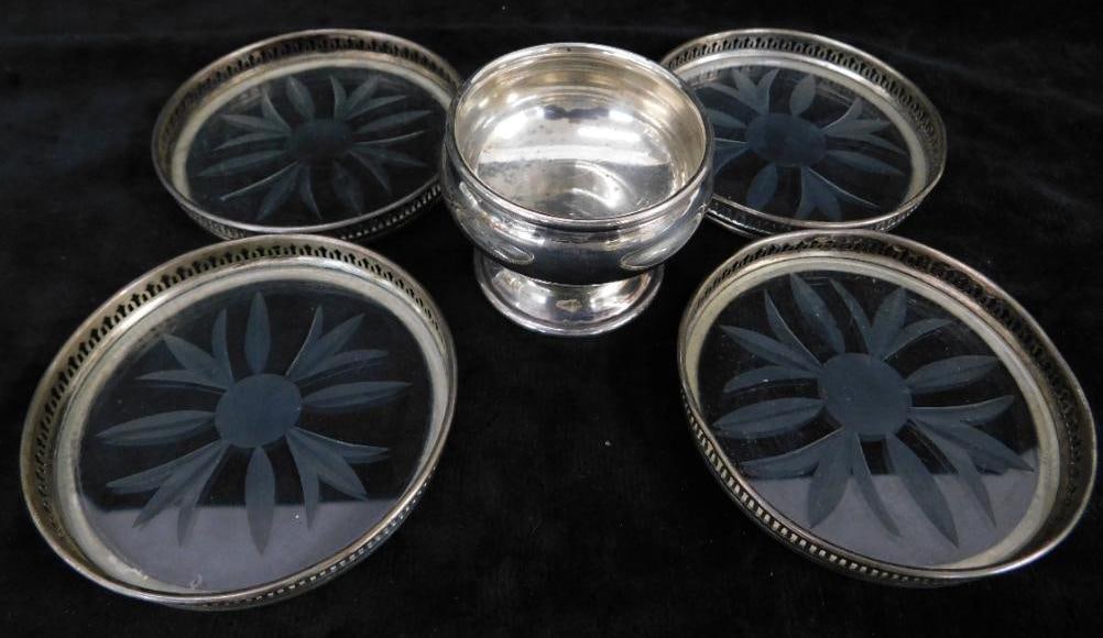 Sterling Silver - 4 Glass Coasters - 42 Gram egg Cup: See Photos For Condition and Details