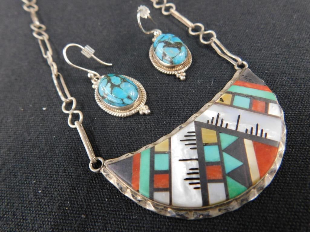 Sterling Silver - Native American Necklace - Turquoise Pierced Earrings - 23.6 Grams TW (1 of 9)