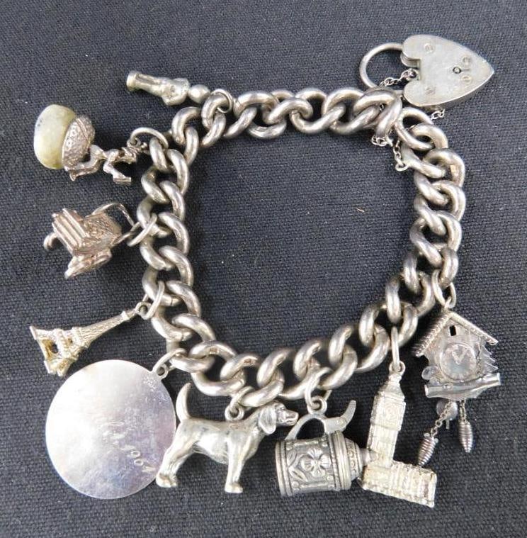 Sterling Silver - Charm Bracelet with 10 Charms - 76.6 Grams (1 of 9)