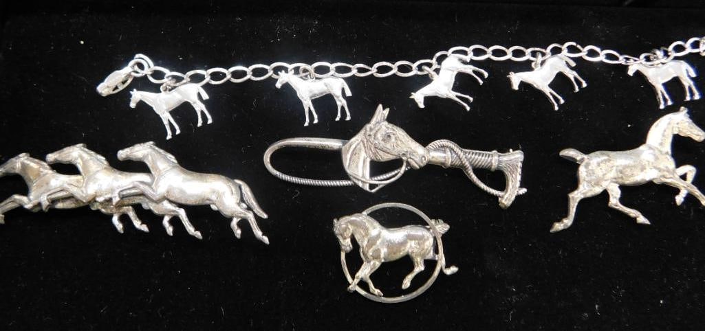 Sterling Silver - Horse Theme - 4 Brooches - 1 Bracelet - 24 Grams: See Photos For Condition and Details