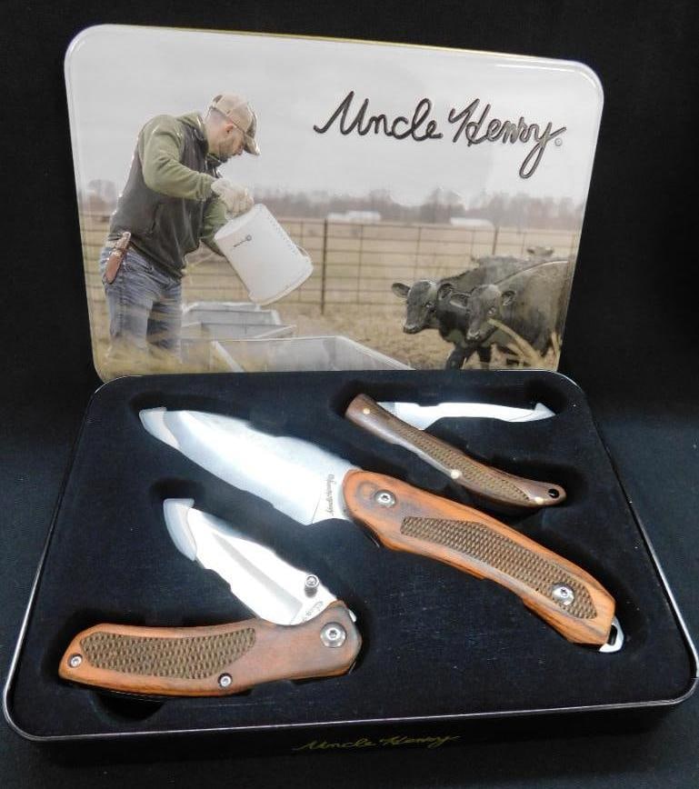Uncle Henry 3 Knife Set in Tin Box - #1183285 - Long Knife and 2 Pocket Knives (1 of 8)
