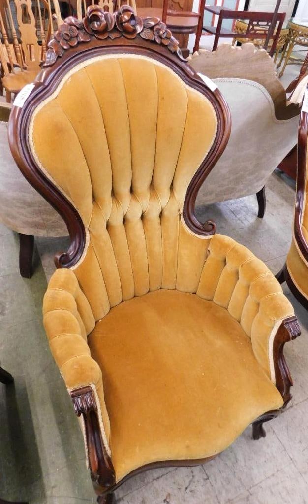 Upholstered victorian Arm Chair - Carved - 45" x 37" x 34" (1 of 9)