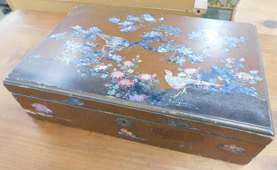 Abalone Inlaid Lap Desk - Asian Bird Theme - 4" x 15" x 9.5" (1 of 20)