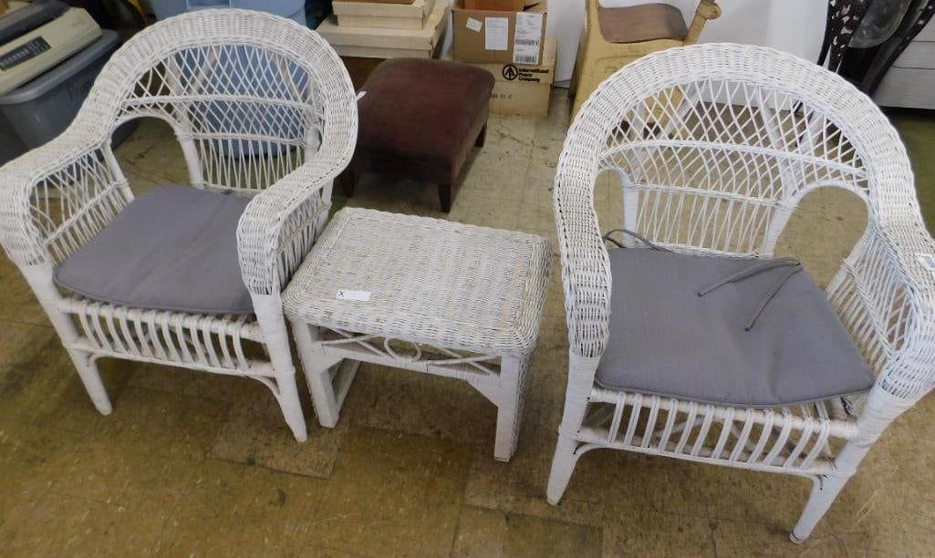 3 Piece Painted Wicker Set - 2 Arm Chairs - 1 Side Table - Chair is 31" x 27" x 26" (1 of 12)