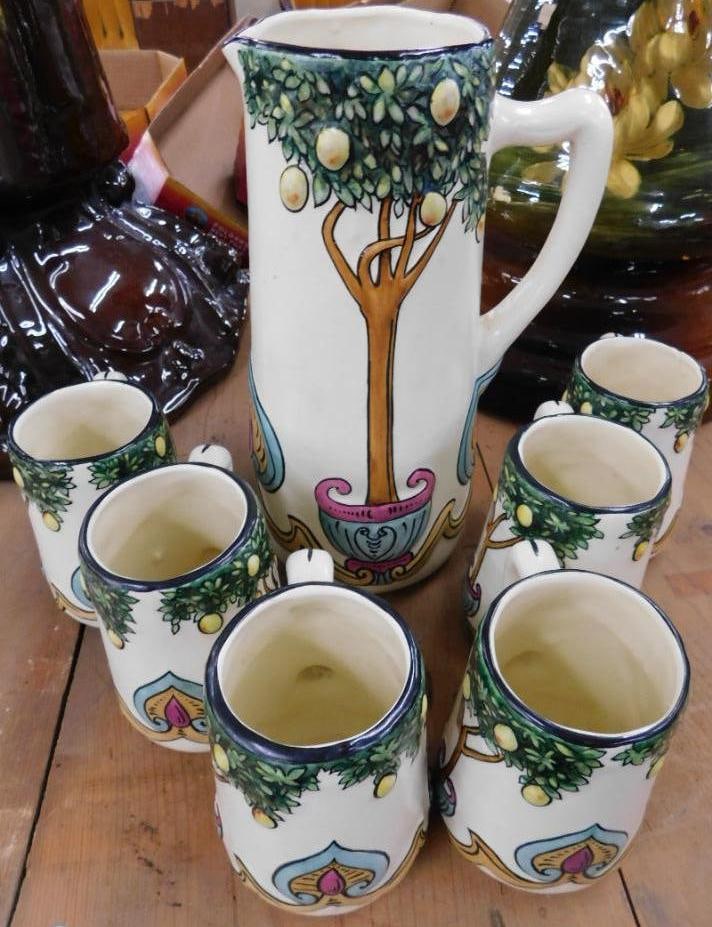 Owens Pottery Pitcher and 6 Mugs - Art Nouveau - 1 Mug Damaged - Pitcher 11" Tall (1 of 8)