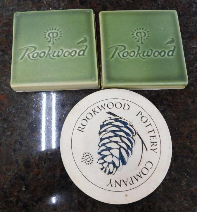 2 Rookwood Tiles - 1 Coaster - Tiles 3" x 3": See Photos For Condition and Details
