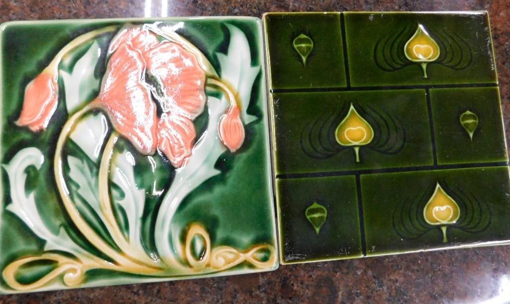 Pair of Vintage Art Nouveau Tiles - 1 Poppies - Each 6" x 6": See Photos For Condition and Details