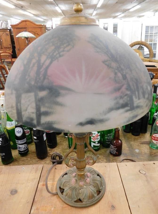 Vintage Reverse Painted Lamp Shade with Vintage Base - Paper Label - 21" x 14" (1 of 12)