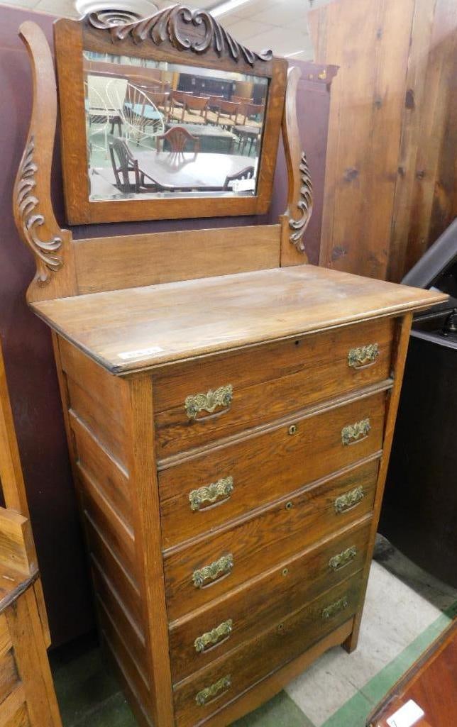 Vintage Oak 5 Drawer Tall Dresser with Mirror - 71" x 33" x 19" (1 of 13)