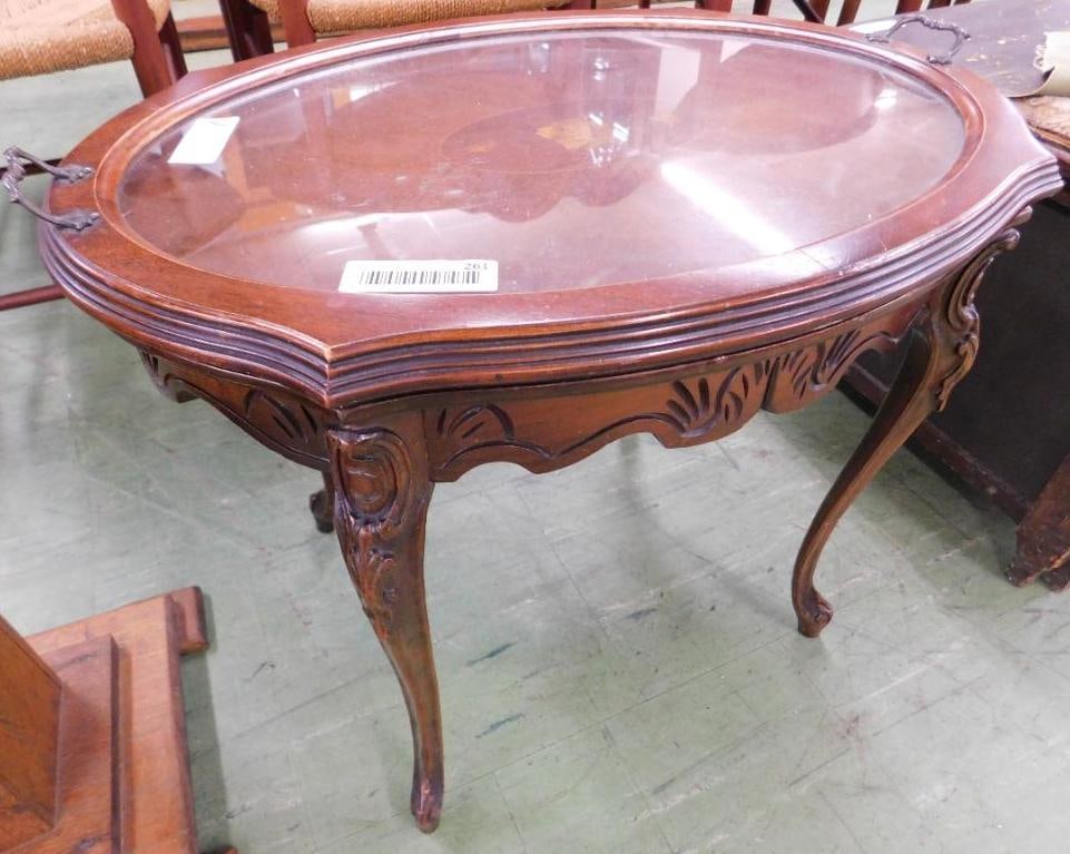 Inlaid Side Table with Lift Up Glass Serving Tray - Carved - 19" x 24" x 18": See Photos For Condition and Details