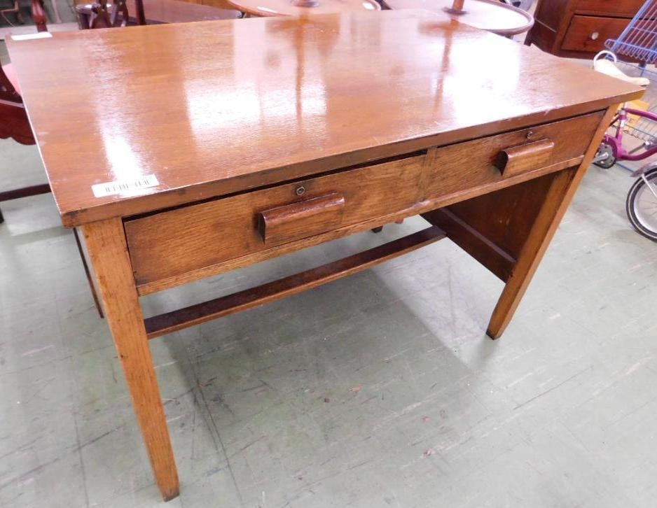 Vintage 2 Drawer Oak Desk - 30" x 42" x 26": See Photos For Condition and Details