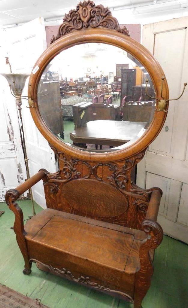 Vintage Double Wide Oak Hall Tree with Storage - Carved Features - 81.5" x 45" x 16.5" (1 of 11)