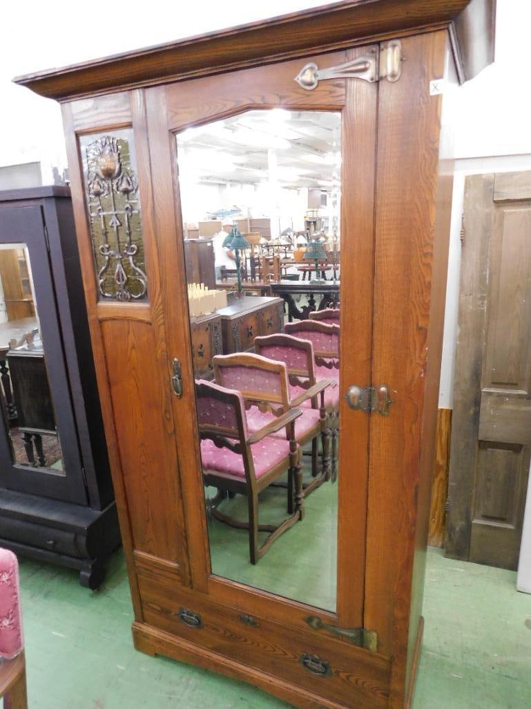 Art nouveau 1 Door Wardrobe - Amber Glass Decoration - Beveled Glass Mirror - 81" x 47" x 21.5" (1 of 7)