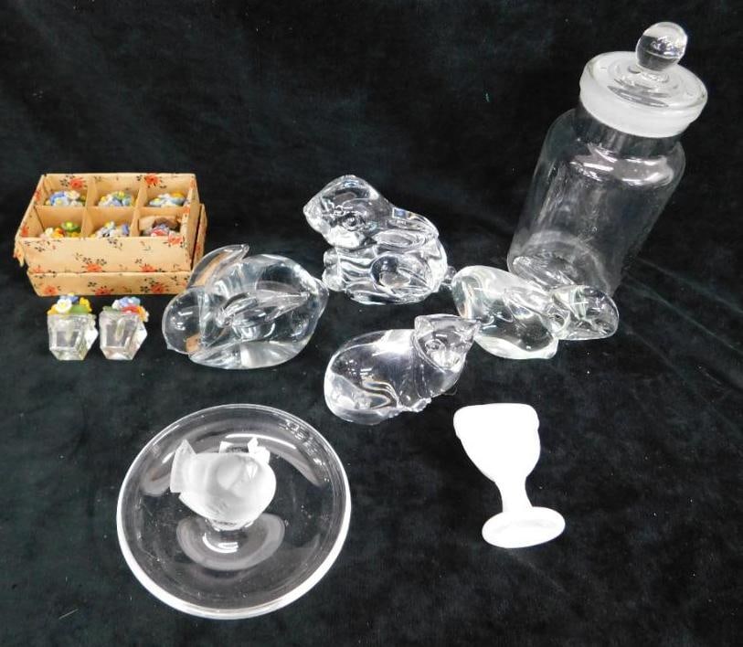 Box Lot of Misc. Vintage Glass - Waterford Rabbit - Lalique Ring Dish with Chip (1 of 19)