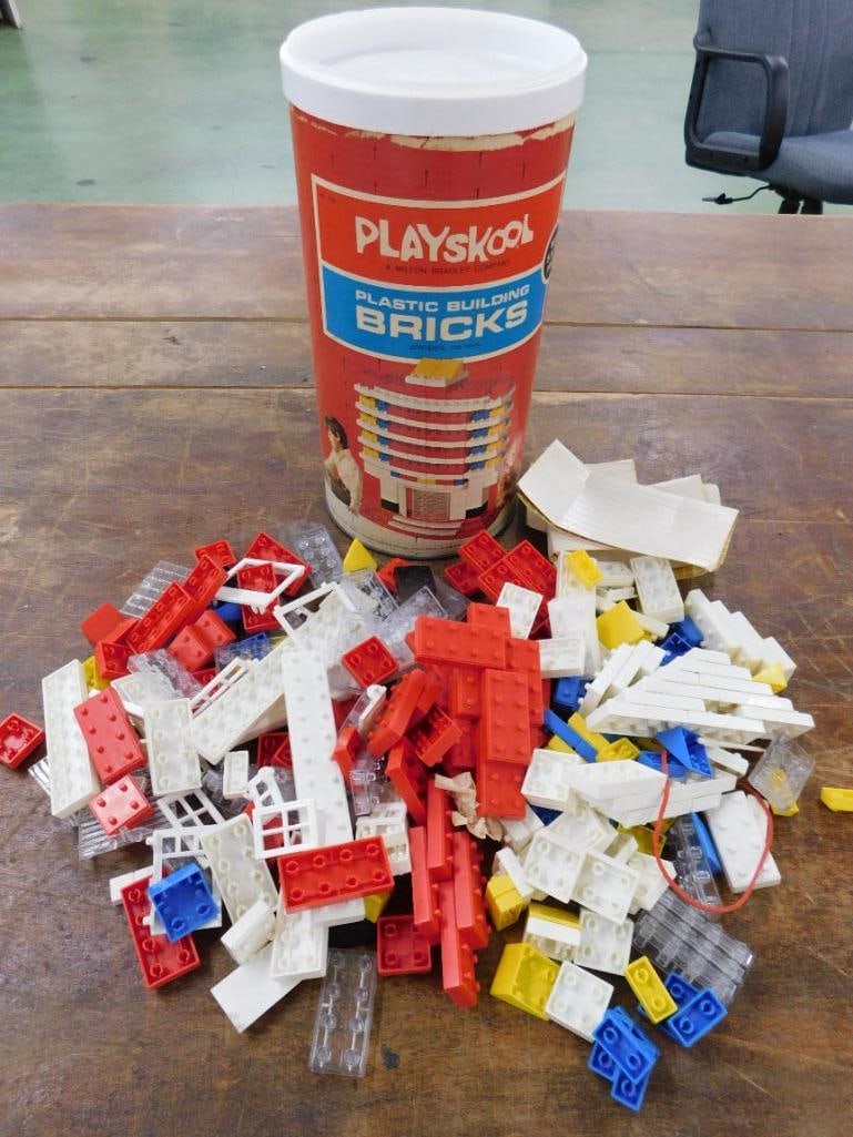 Vintage Playskool "Plastic Building Bricks " in Original Container - All Pieces Included are: See Photos for Condition and Details