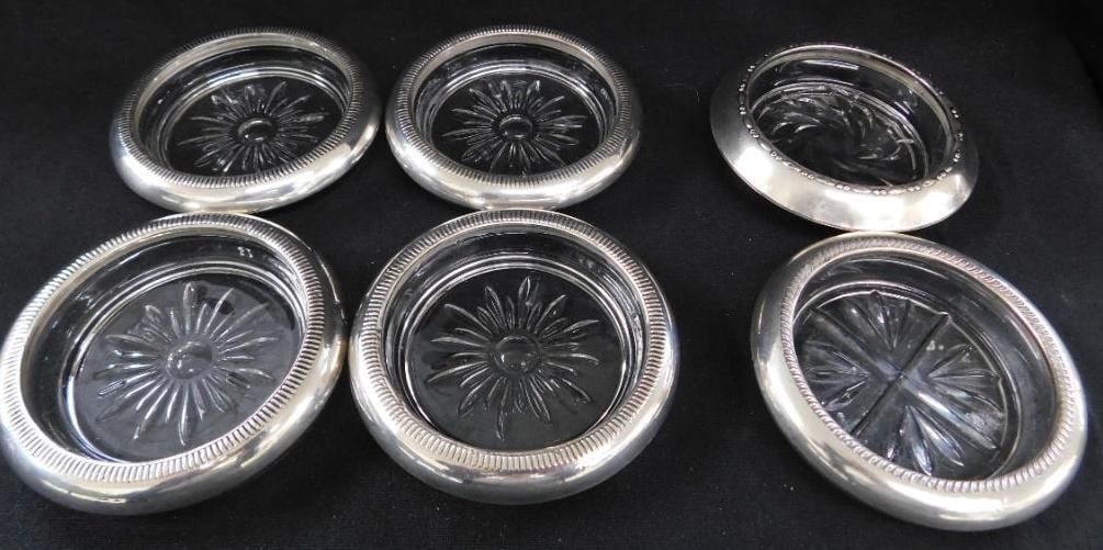 Sterling Silver - 6 Silver Rimmed Coasters - 4 Match and 2 Misc.: See Photos for Condition and Details