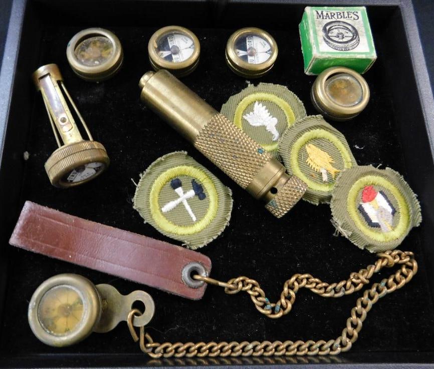 Tray Lot of Mini Compasses - Mostly Marbles - Patches: See Photos for Condition and Details