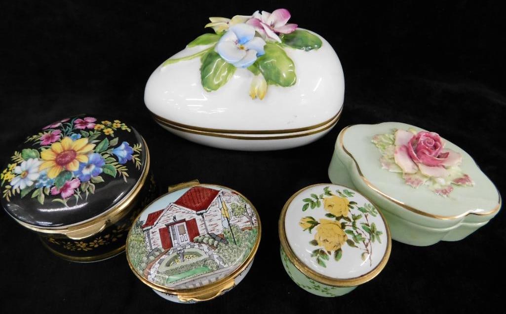 Group of 5 English Porcelain Trinket Boxes - 1" To 2.5" Tall: Adderley - Coalport - Falcon - Crummles - Staffordshire - See Photos For Condition and Details