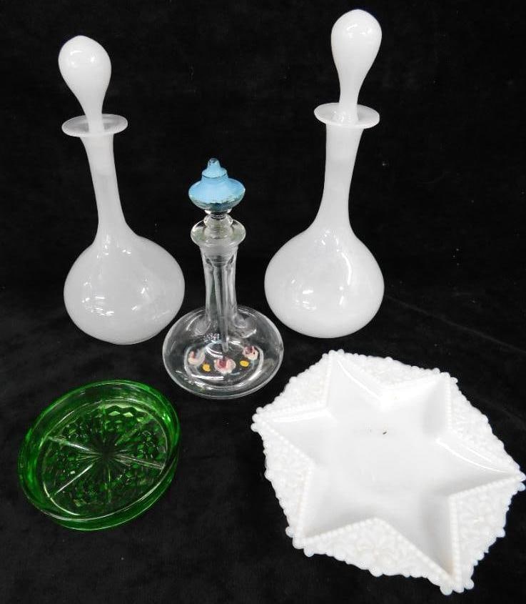 Group of 3 Vintage Hand Blown Perfume Bottles with Stoppers - Milk Glass Dish: Perfumes 9" and 6" Tall - Milk Glass Dish 5.25" x 5.25" - Vaseline Glass Coaster - 3.25" Round - See Photos For Condition and Details