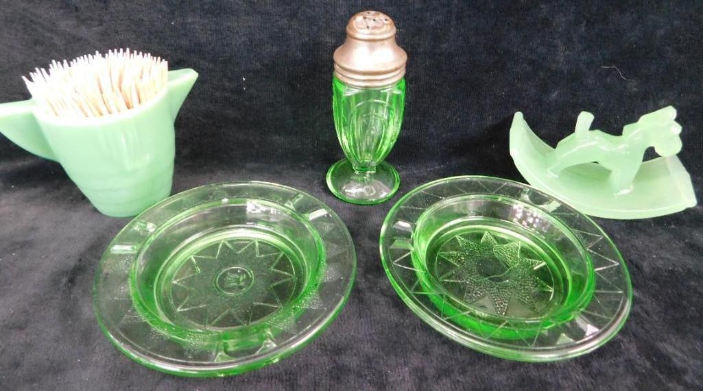 2 Vaseline / Uranium Ashtrays - 1 Salt Shaker - Jadeite Blotter - Jadeite Toothpick Holder: See Photos For Condition and Details