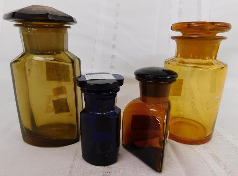 Group of 4 Vintage Apothecary Jars - Amber Cobalt and Brown - 5.75" - 5.5" - 3.75" - 3.5" (1 of 14)