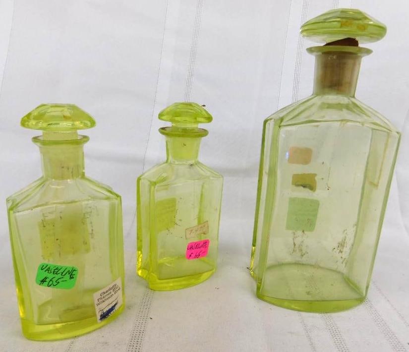 Group of 3 Vintage Apothecary Jars - Vaseline / Uranium - 2-4.75" - 1-7" Tall (1 of 13)