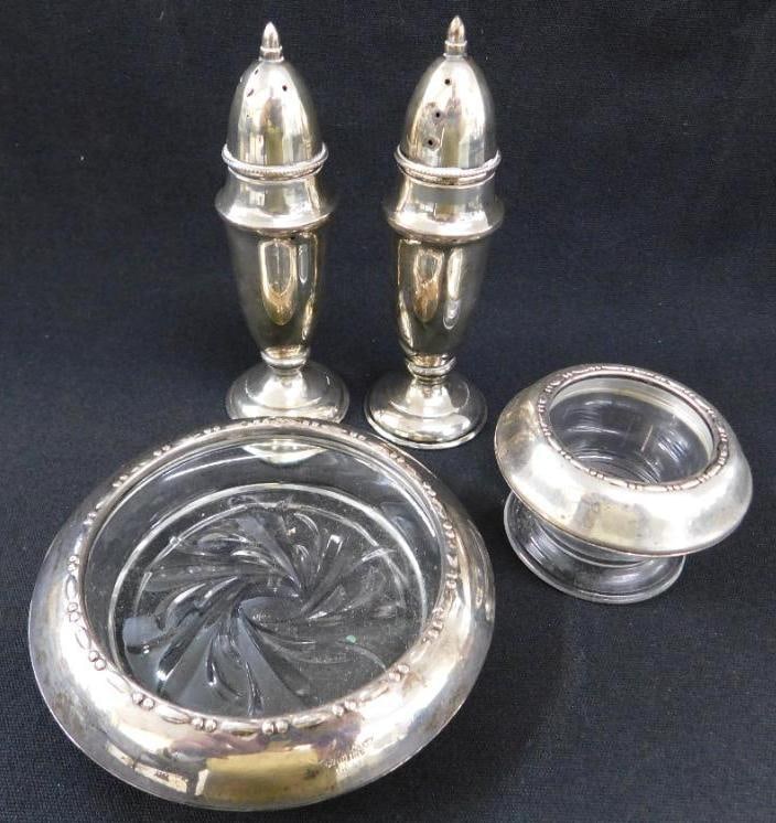 Sterling Silver - Group of 4 Weighted Items - S & P Shakers - Toothpick Holder - Coaster: See Photos For Condition and Details