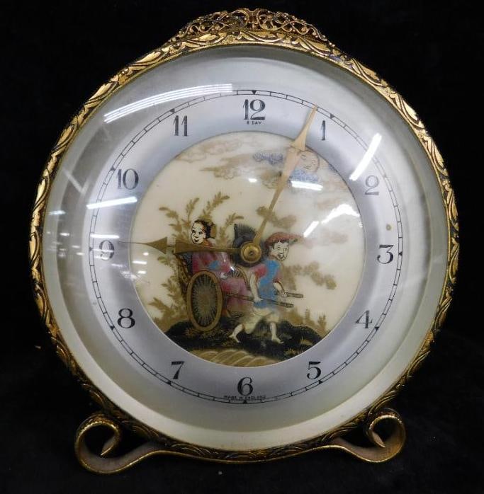 Vintage Wind Up Desk Clock with Porcelain Face - Asian Theme - Great Britain - 6.5" x 5.5" x 3" (1 of 10)