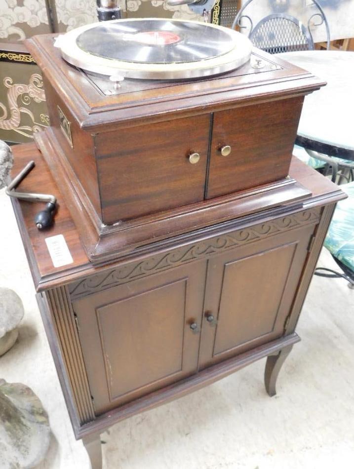 2 piece Mahogany Record Cabinet and Victor Record Player - with Crank - 40" x 22" x 16" (1 of 10)