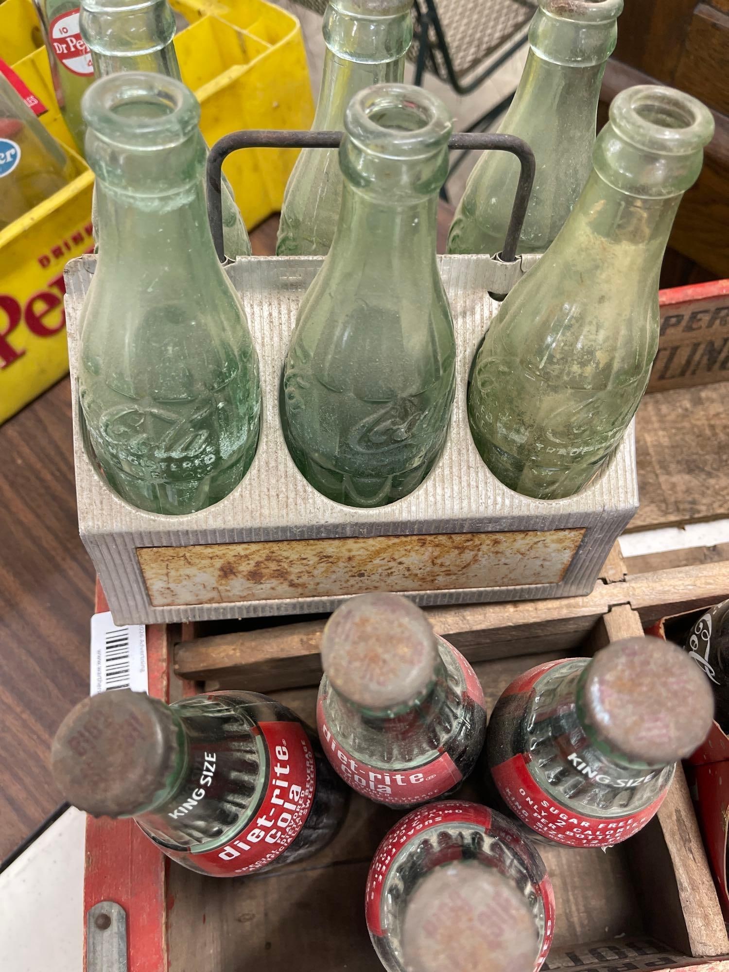 Wooden Coca Cola Crate, Metal Carrier and Bottles - 2