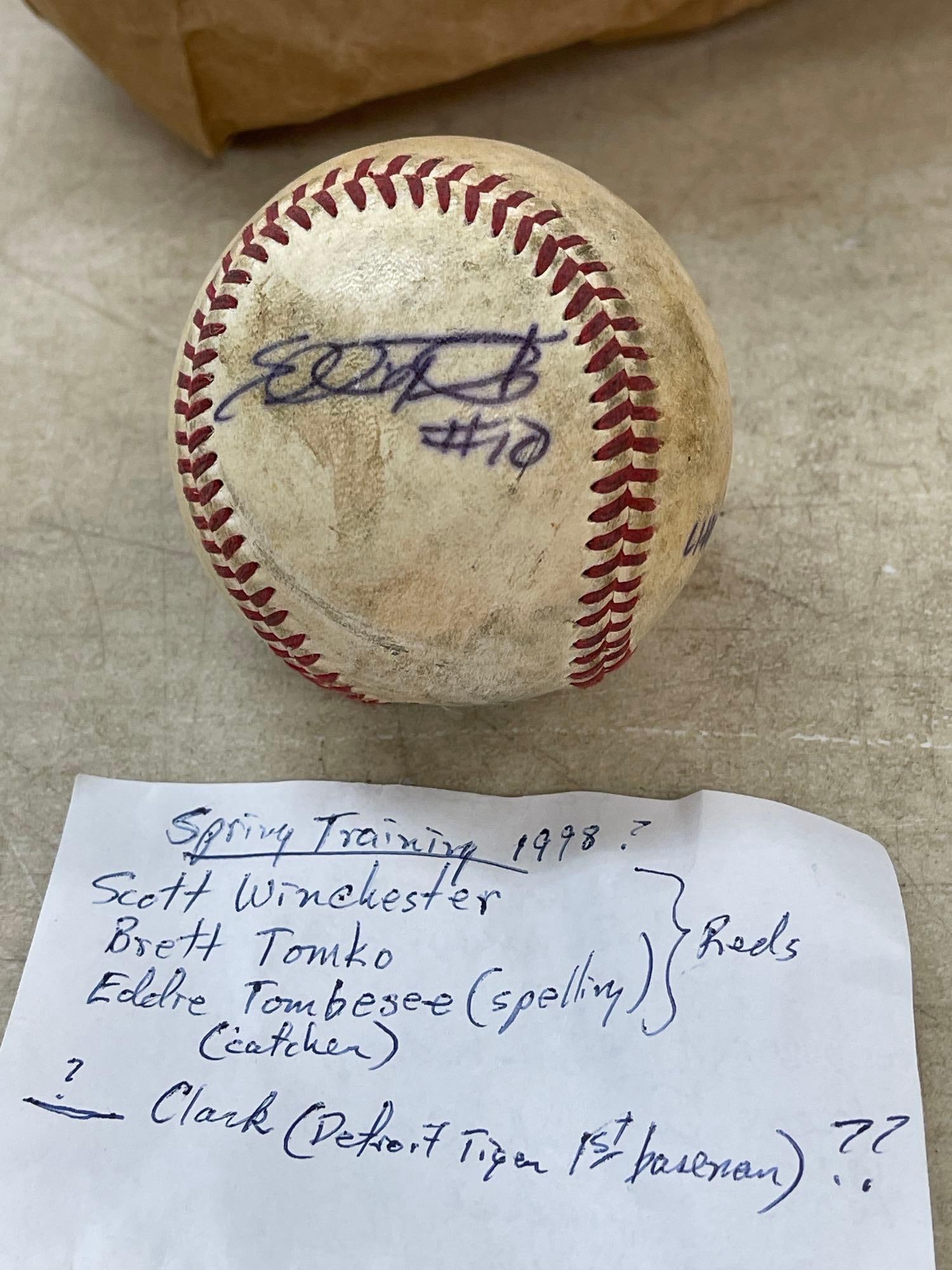 Baseball Autographed by Scott Winchester Brett Tomlinson Eddie Tombesee: As pictured 