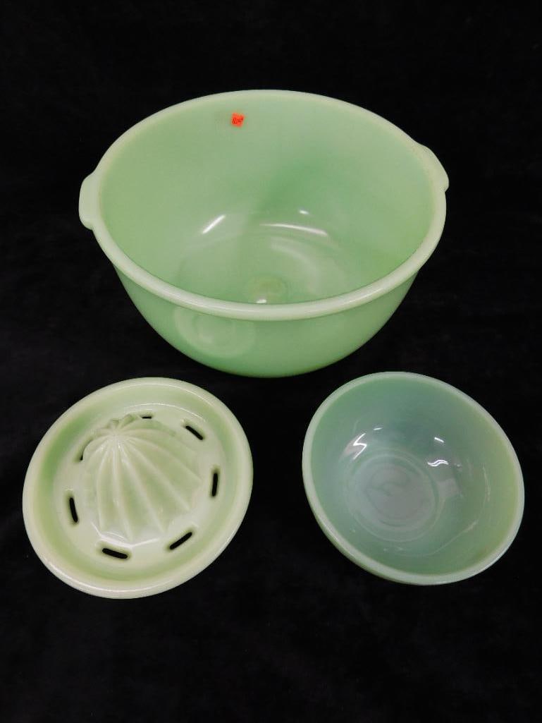 Group of 3 Vintage Jadeite Glass Pieces - Mixing Bowl For Mixer - Reamer - Small Bowl - 14