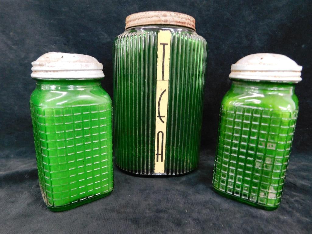 Box Lot with 2 Green Glass Spice Shakers and A Green Glass Tea Holder - 12