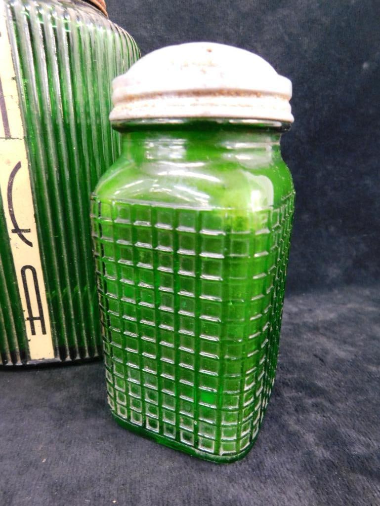 Box Lot with 2 Green Glass Spice Shakers and A Green Glass Tea Holder - 2