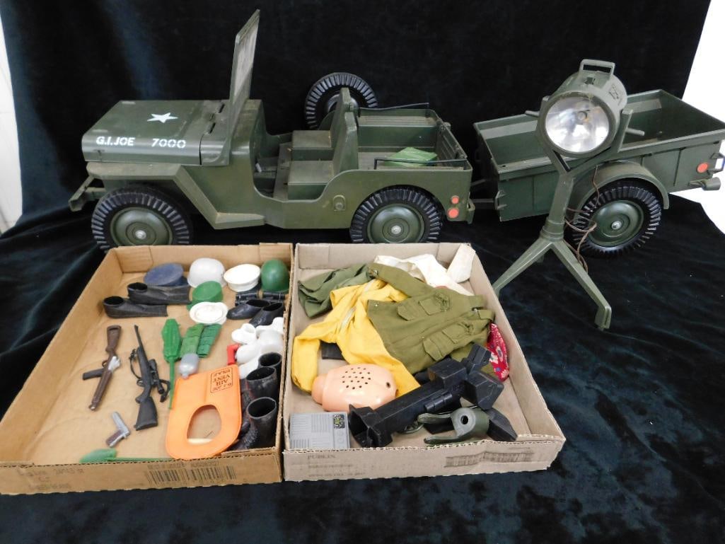 Vintage G.I Joe Jeep - Trailer - Spot Light and Accessories: What Is Pictured Is Included - Trailer Has Broken Hitch - See Photos For Condition and Details 