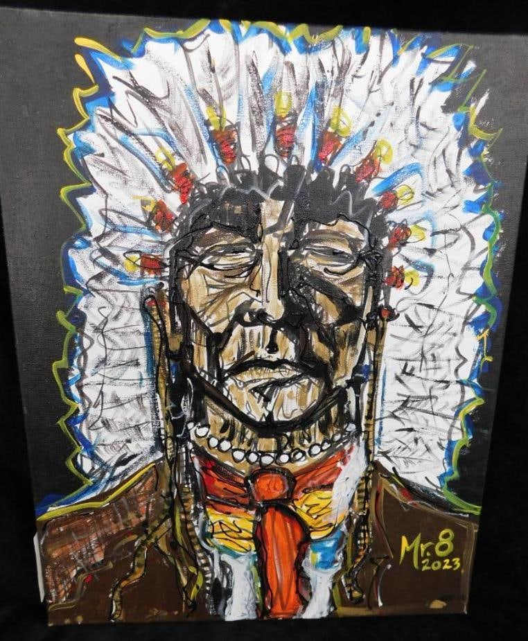 2023 Southern Folk Art - Mr. 8 - Native American - Oil On Canvas - 20" x 16": See Photos For Condition and Details