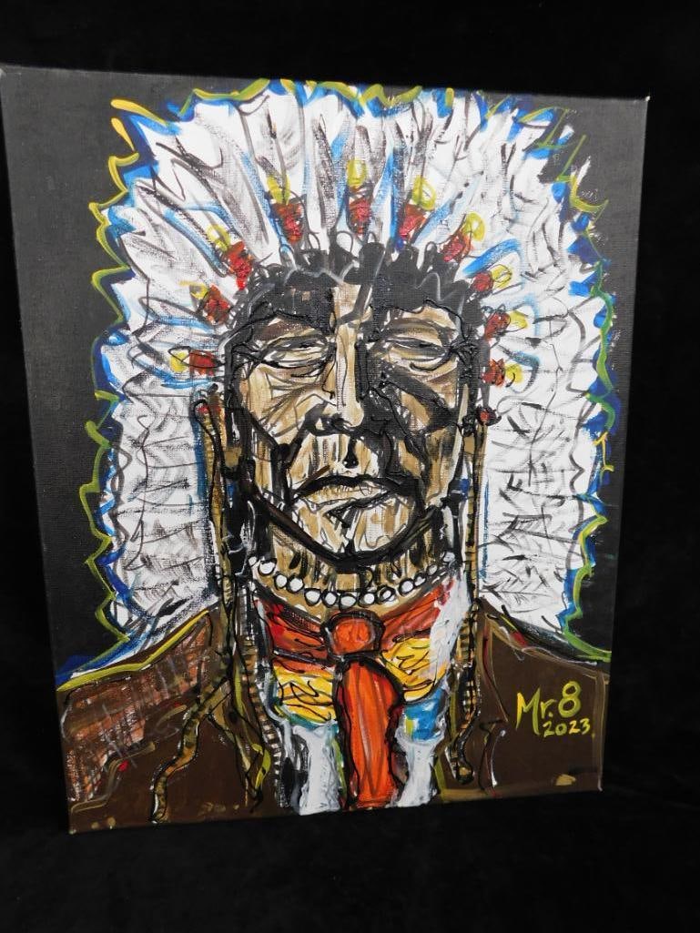 2023 Southern Folk Art - Mr. 8 - Native American - Oil On Canvas - 20" x 16" - 9