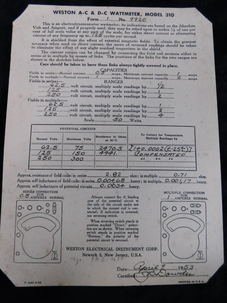 Vintage Weston AC and DC Wattmeter - Model 310 - Original Case - Untested - 6" x 10.5" x 8.25" - 7