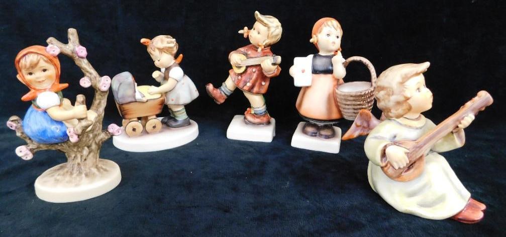 Group of 5 Hummels - "Morning Stroll" - "Apple Tree Girl" - "Happiness": "Meditation" - "Sounds of the Mandolin" - Each 4" to 4.75" Tall - See Photos For Condition and Details 
