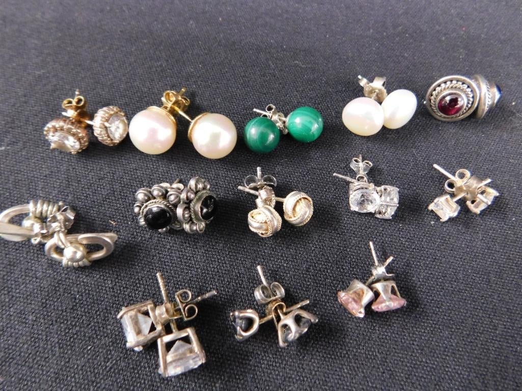 Sterling Silver - 13 Pairs of Pierced Post Earrings - 27.33 Grams TW - 16