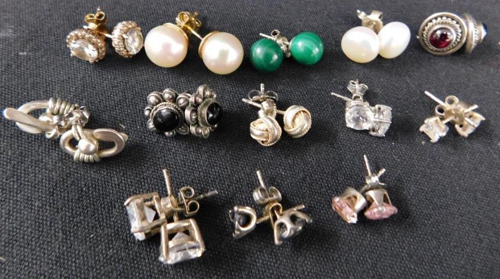 Sterling Silver - 13 Pairs of Pierced Post Earrings - 27.33 Grams TW: See Photos For Condition and Details 