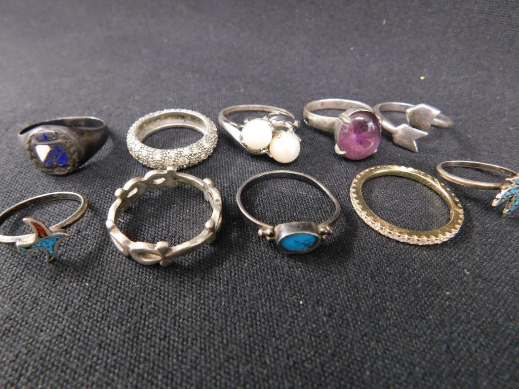 Sterling Silver - 10 Rings - 2-Size 3 - 1-Size 5 - 1-Size 6 - 4-Size 7 - 2-Size 8 - 23.48 Grams TW - 10